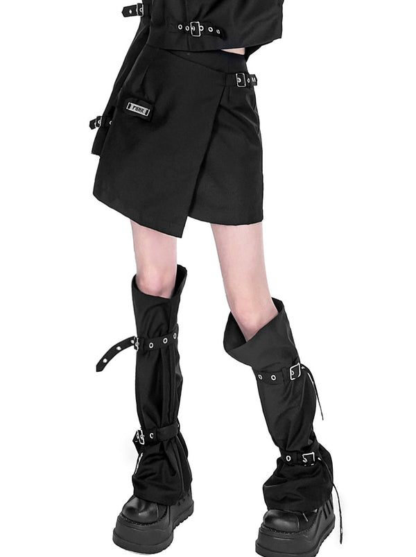 Metal Plate Asymmetric Eyelet Belt Wrap Skirt