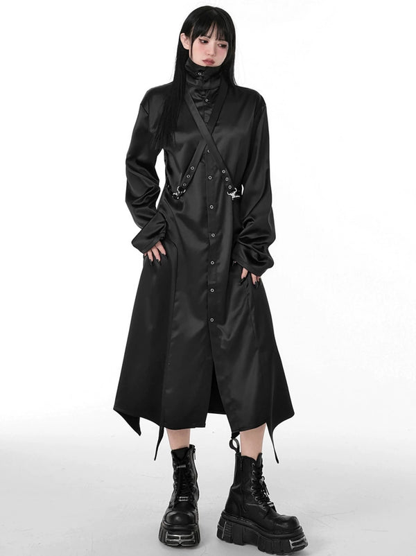 Detail Control Design Stitch Loose Slim Strap Long Shirt Dress