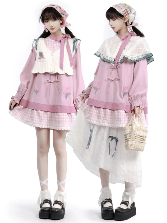 Dreamy Pink Forest Girl Layered Knit Shirt Skirt Suit