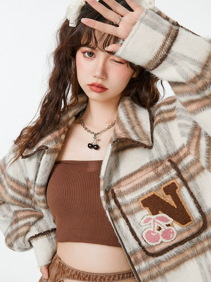 Brown Check Retro College Style Jacket