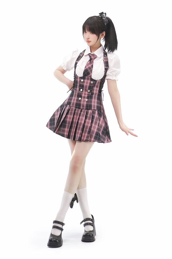 Black Pink Uniform Coordinating Shirt &amp; Check Tie Lace-up Pleated Sass Skirt Setup [Box Pleats/Plain Pleats]