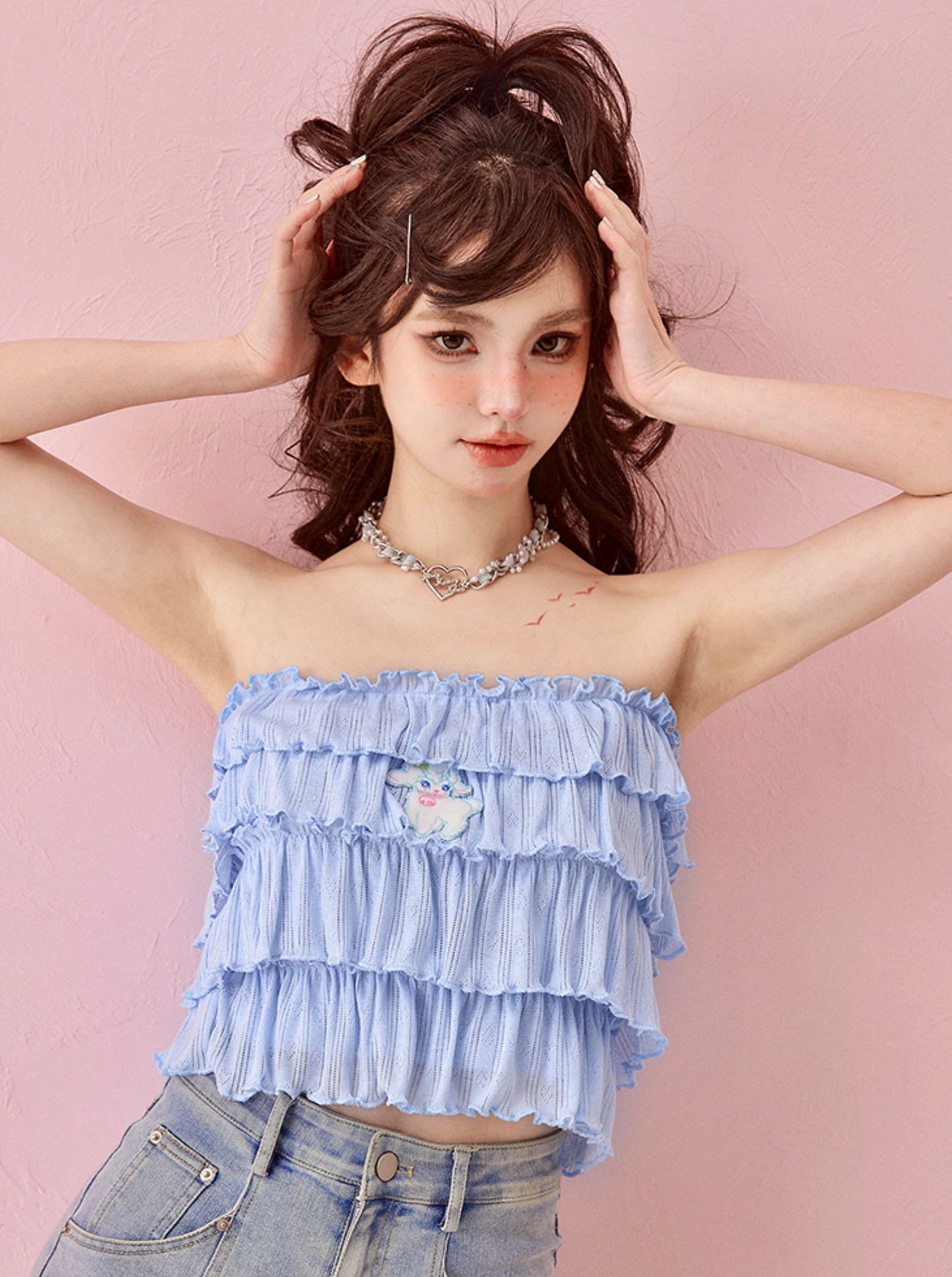 Milk blue cake lace tube tops