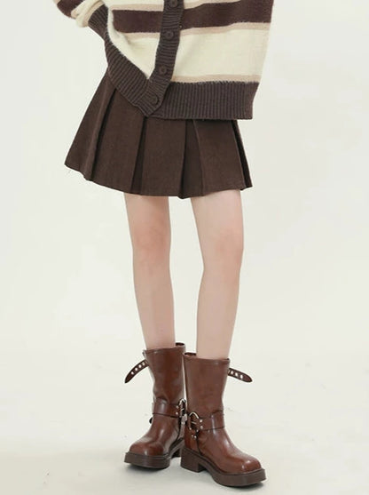 Retro Corduroy High Waist Belt Pleated Skirt