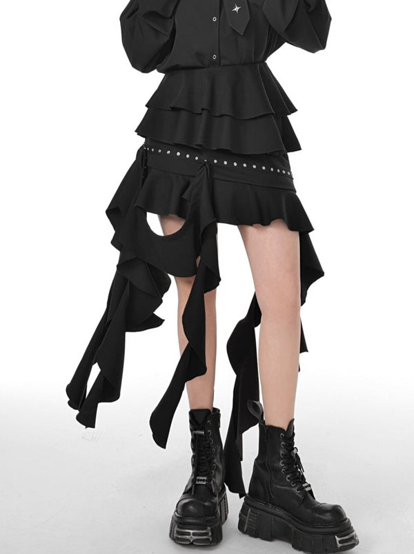 Dark Punk Ruffle Tassel Free Design Tiered Skirt