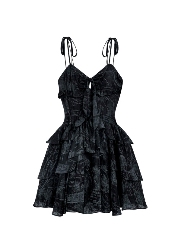 Cool Black Print Chiffon Sutiered Dress