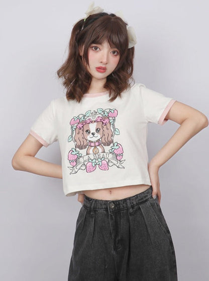 ドッグキュートプリントフラワーTシャツ