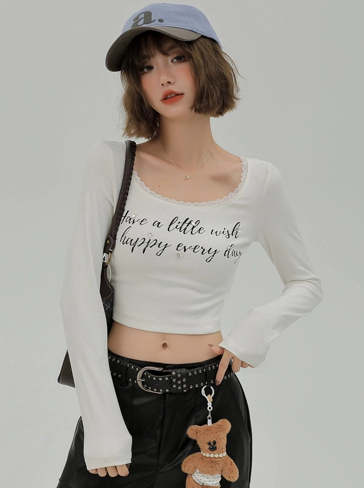 American Logo Lace Neck Slim Short Top