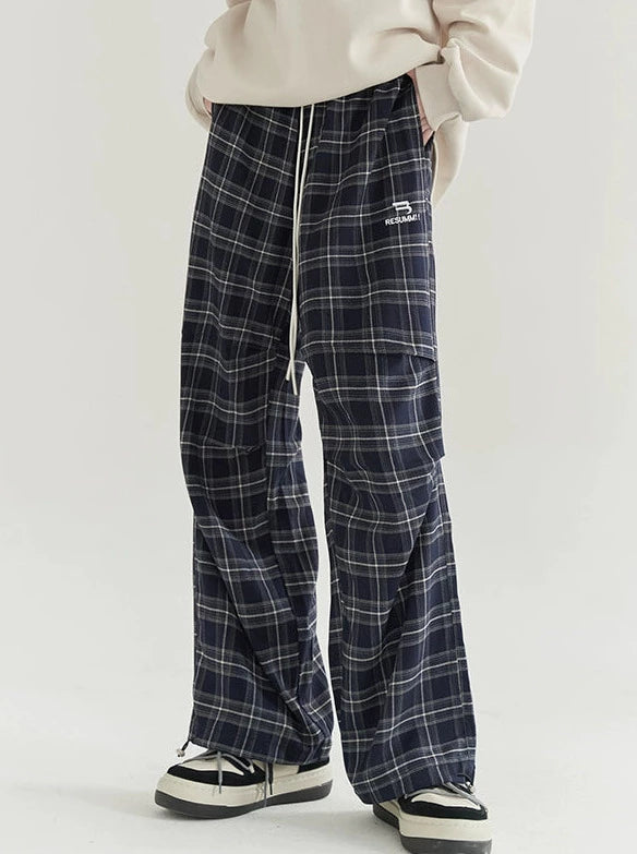 Loose Knee Pleated Check Casual Pants