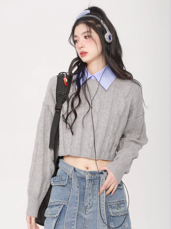 Short Pullover Lazy Style Twisted Wool Knit