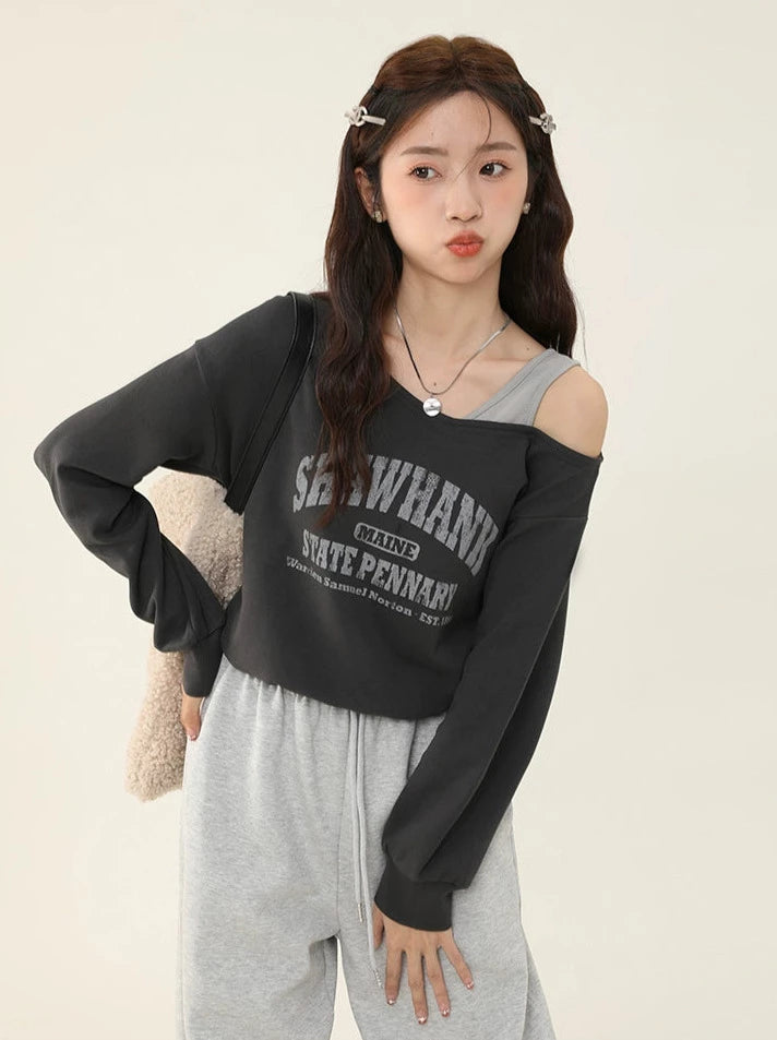 American Retro Off-Shoulder Short Sweatshirt