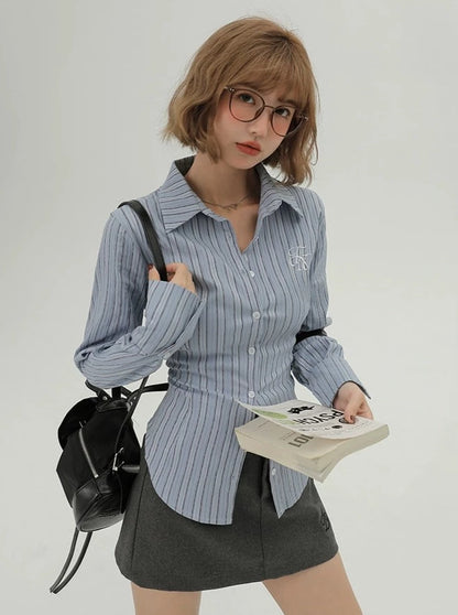 アメリカンカレッジスタイルストライプスリムウエストシャツ – Belchic アメリカンカレッジスタイルストライプスリムウエストシャツ – Belchic