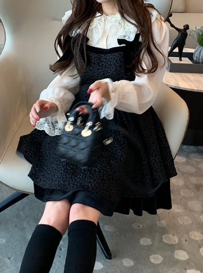 French doll collar lace elegant shirt + skirt