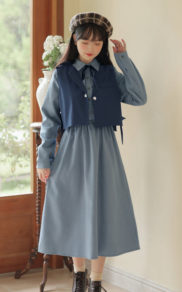 Side Ribbon Short Gilet + Volume Sleeve Ribbon Dress