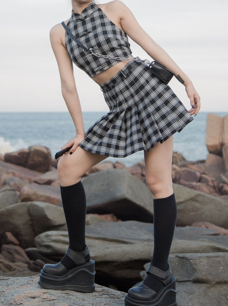 Monochrome check punk rock high waist pleated skirt