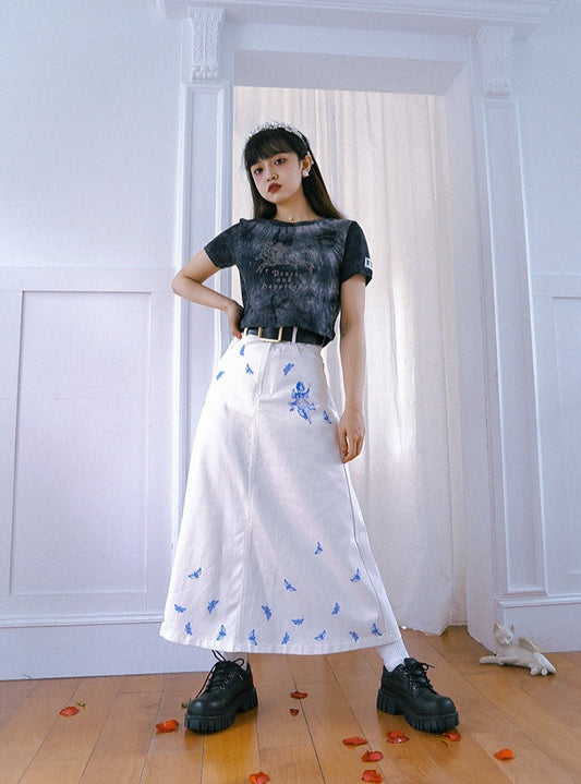 Little Butterfly Rice Slim Denim Long A Line Skirt