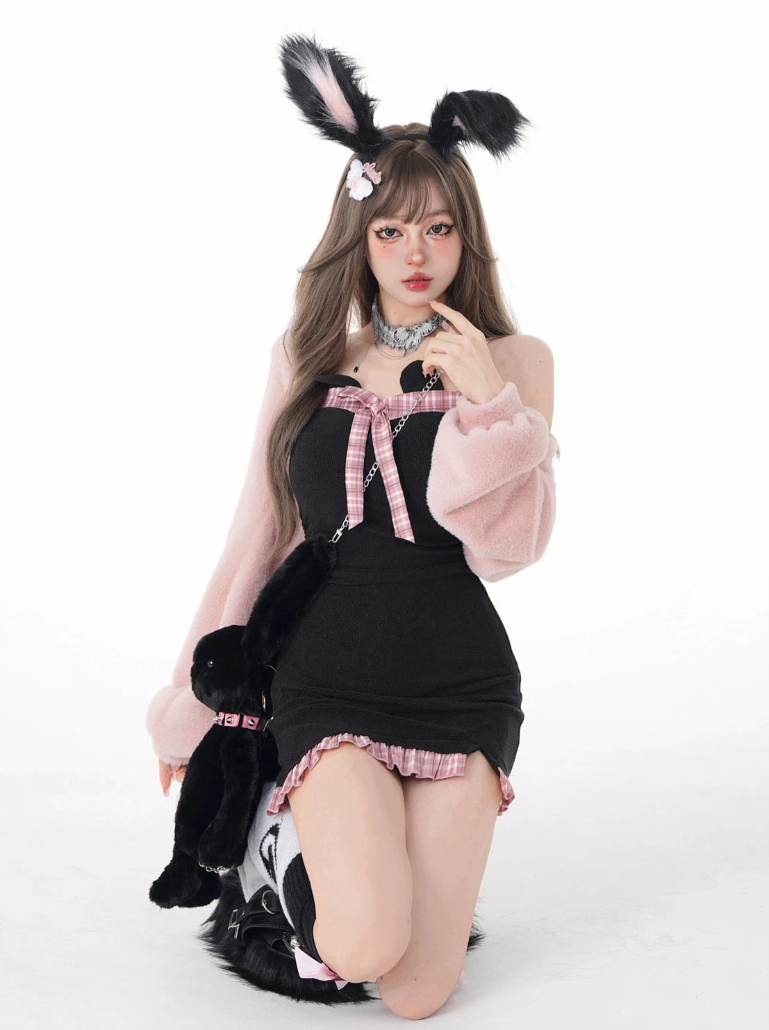 Bear Design Cute Check Bow Suspender Dress