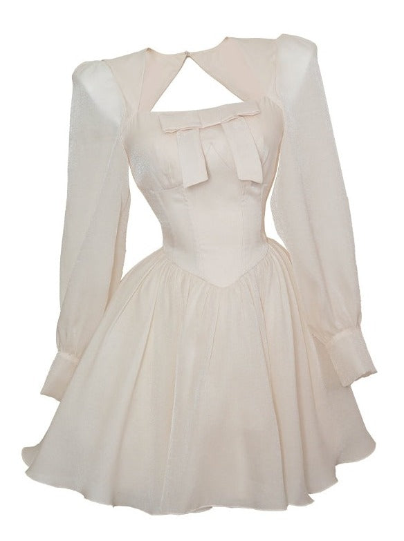 French ribbon flare square neck simple dress