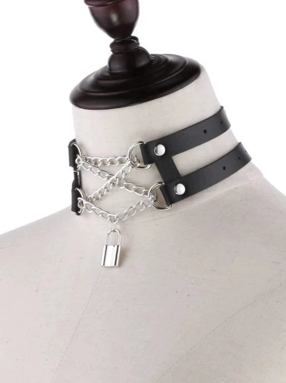 Rock pendant leather collar punk metal chain choker