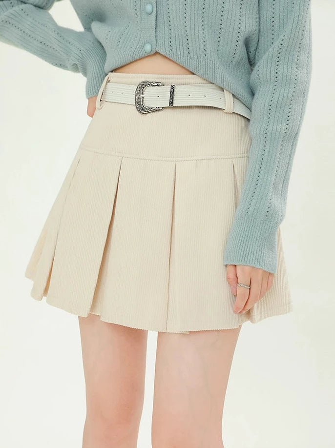 Retro Corduroy High Waist Belt Pleated Skirt