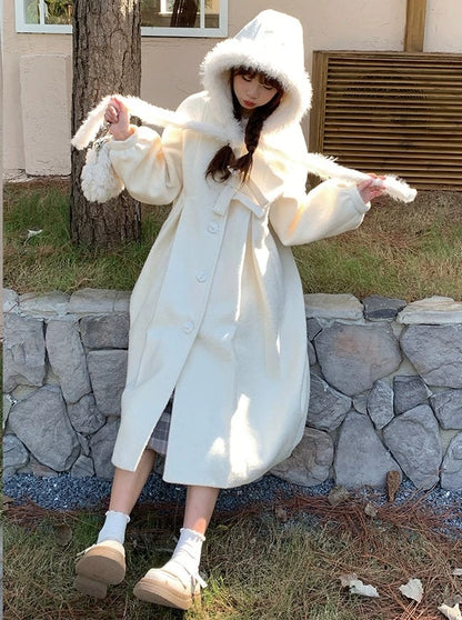 Pure White Fur Hooded Long Coat
