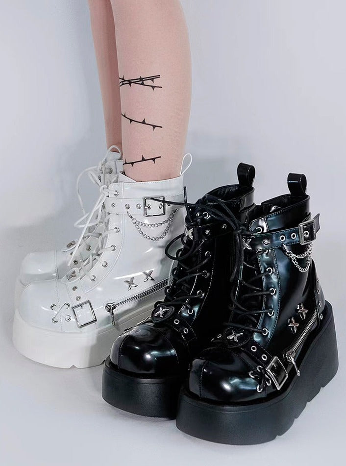 Punk Round Toe Platform Star Chain Design Boots