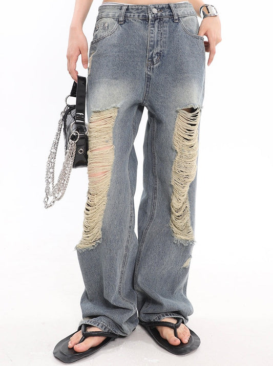 Distressed loose street denim