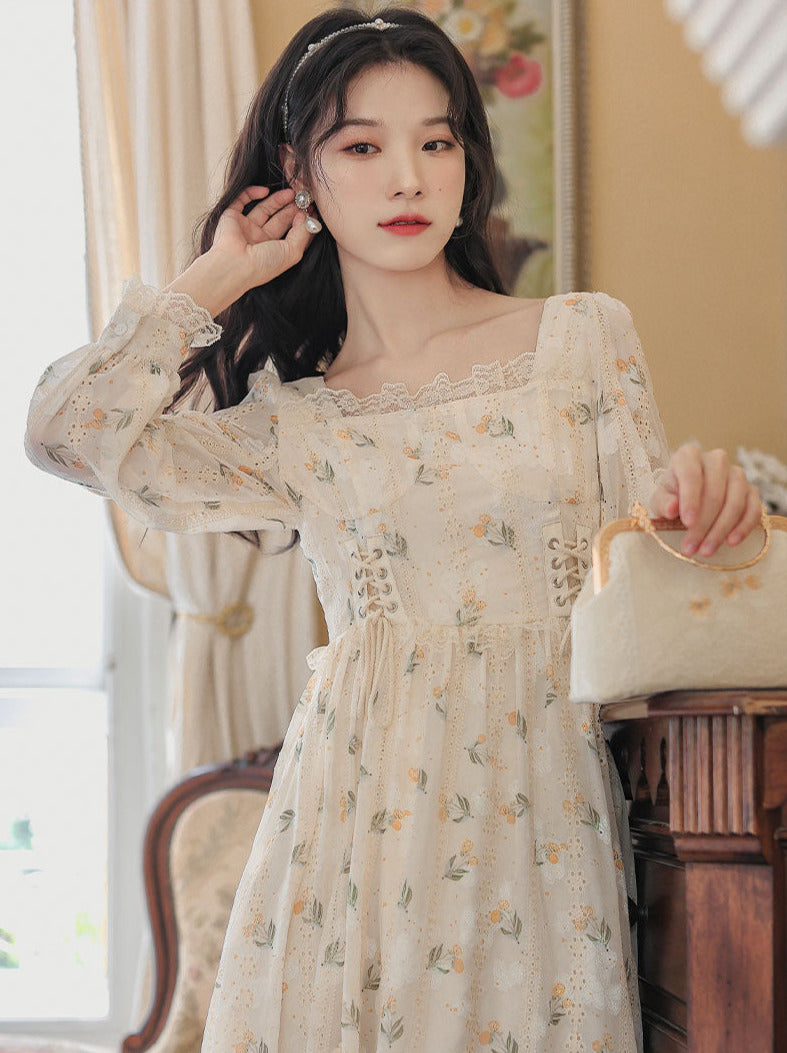 French flower square neck lace-up dress