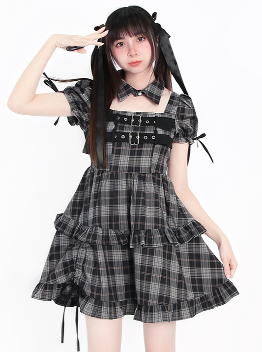 Mode Belt Check Puff Sleeve Dress