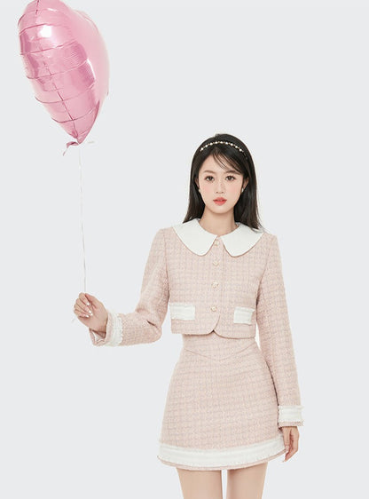 Milk Sweat short jacket + high waist A line skirt