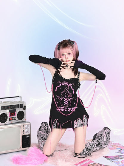 Y2K Cool Rabbit Print Black Pink Eyelet Chain Gloves &amp; Camisole