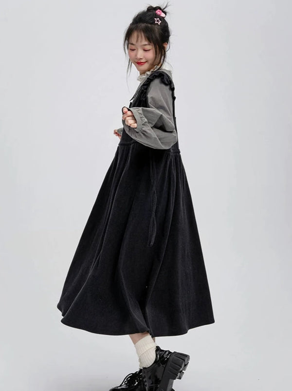 フェイクツーピースフリルショルダーシャツワンピース