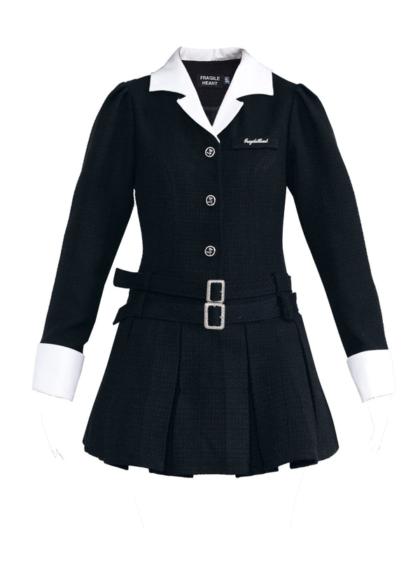 オープンカラー袖折り返しツインベルトワンピース