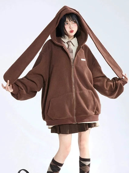 Solid Color Cute Bunny Ears Hooded Sweatshirt Jacket