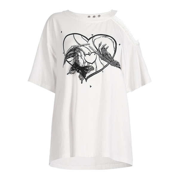 One-off shoulder punk print T-shirt