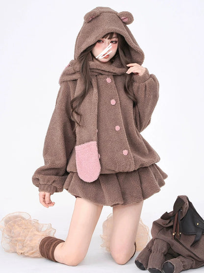 Bear Hood & Scarf Boa Jacket + Skirt