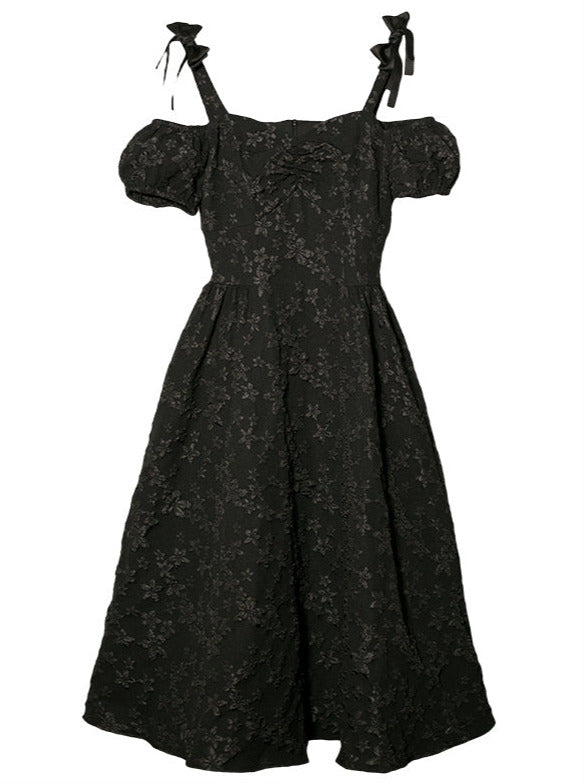 French Style Off Shoulder Ribbon Flower Embossed Black Dress