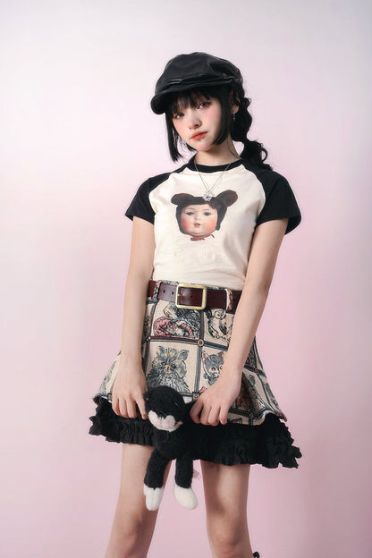 Retro Cat Jacquard frill stitch lace A line skirt