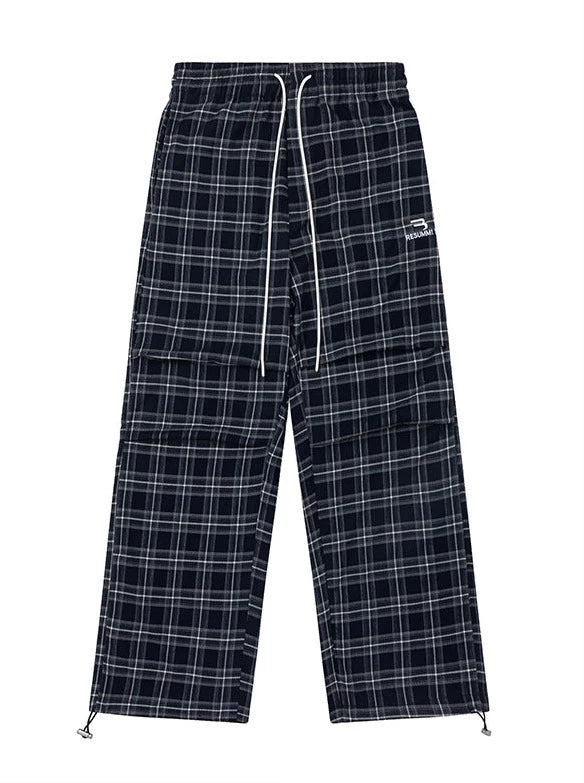 Loose Knee Pleated Check Casual Pants