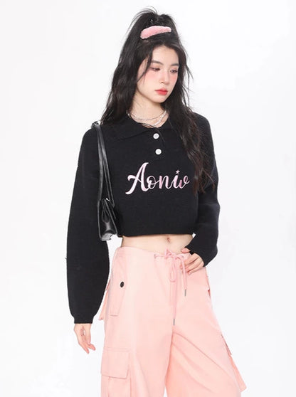 Polo collar letter embroidery short knit