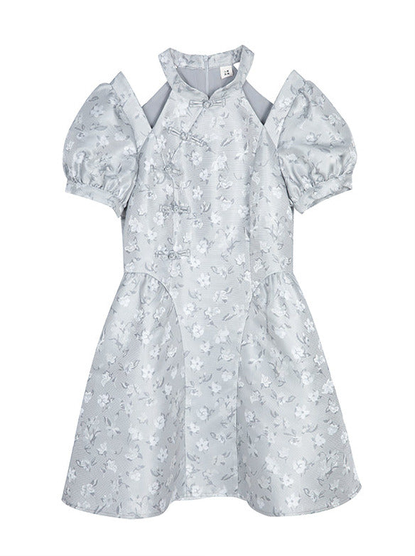 China Retro Open Shoulder Flower Jaccard Buckle Dress