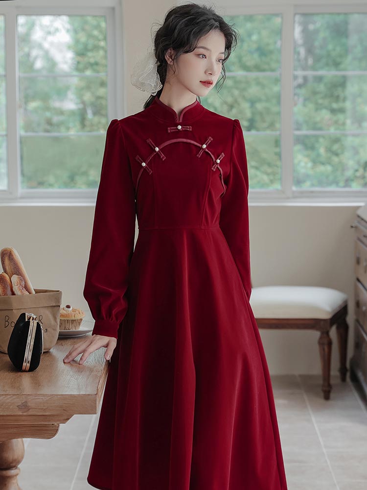 wine red cheongsam dress