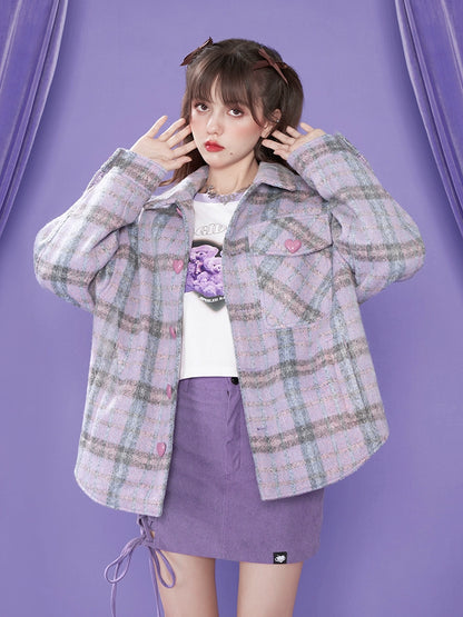 Purple Check Shirt Style Loose Coat