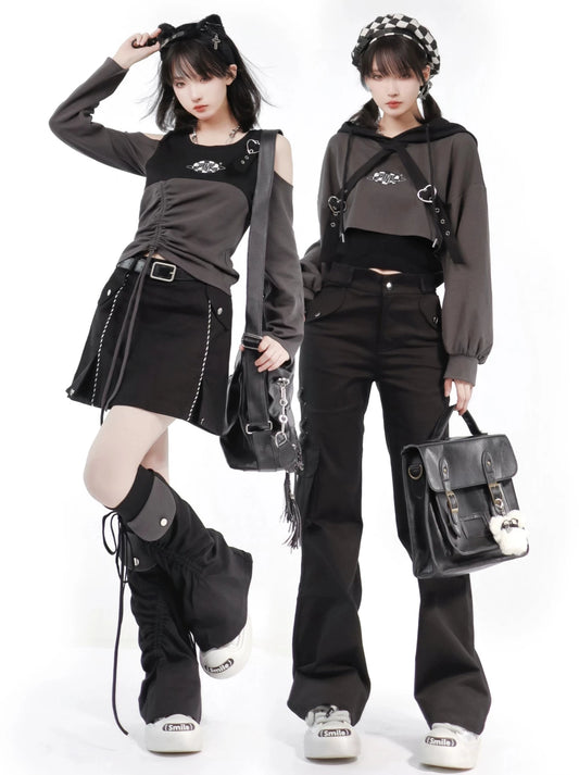 ブラックグレーチェッカーボードショートスウェットシャツ&パンツスーツ