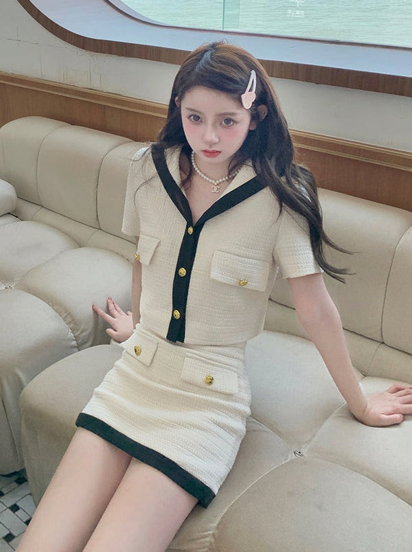 Gold Buckle Cardigan + Tight Skirt