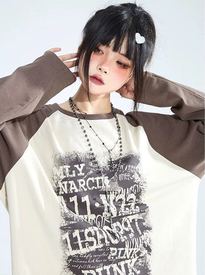 Loose Casual Colour Colour Block Block Raglan Sleeve Letter Printed Long T