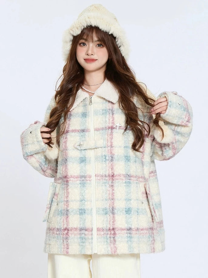 Retro Colorful Check Lapel Lamb Velvet Cotton Coat