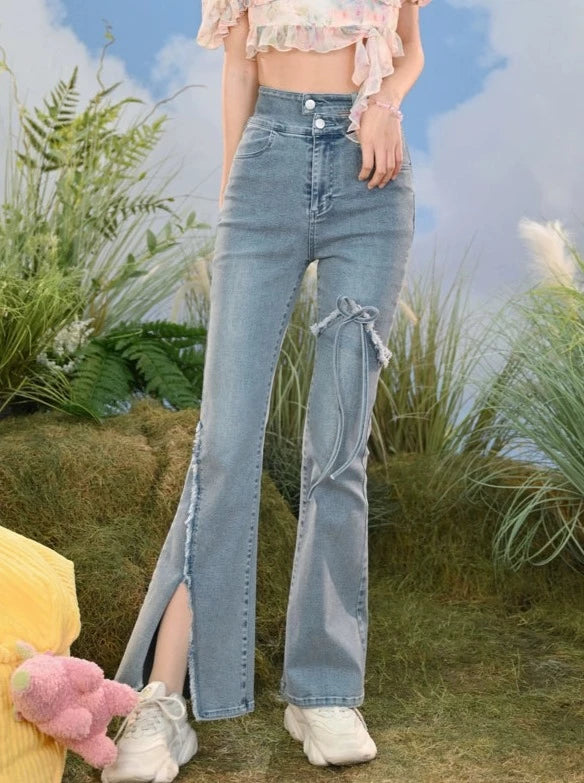 High Waist Slit Denim Flared Pants