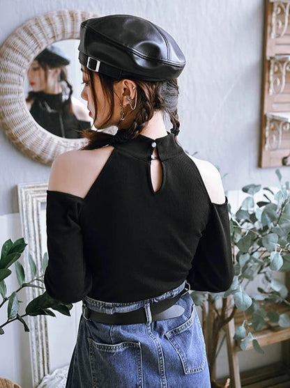 High Neck Off Shoulder Black Long Sleeve Top