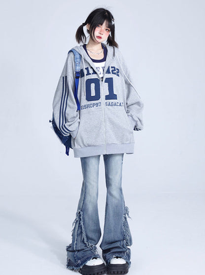 High Street Line Sleeve Oversized Hoodie Zip Jacket