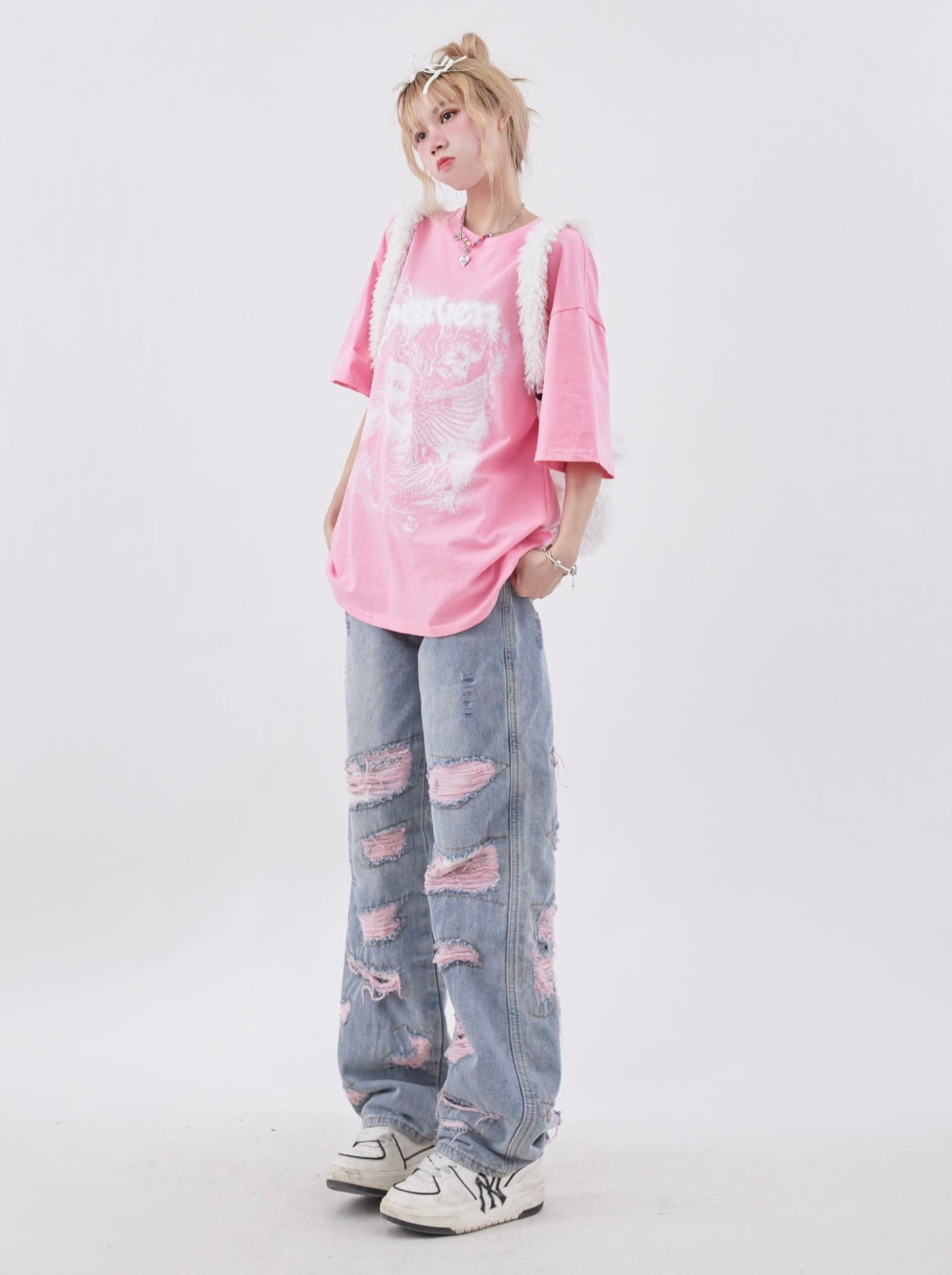 High Street Damage Design Wide Leg Straight Denim